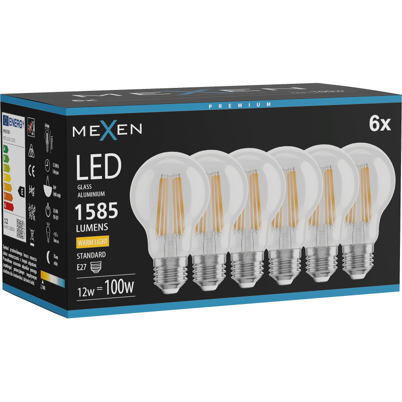 Mexen Vintis 6x LED Filament Bulb E27, A60, 12W, Warm - 2700K, 1585 lm, clear - L150-E27-1227-00x06