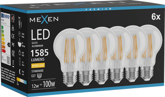 Mexen Vintis 6x LED Filament Bulb E27, A60, 12W, Warm - 2700K, 1585 lm, clear - L150-E27-1227-00x06