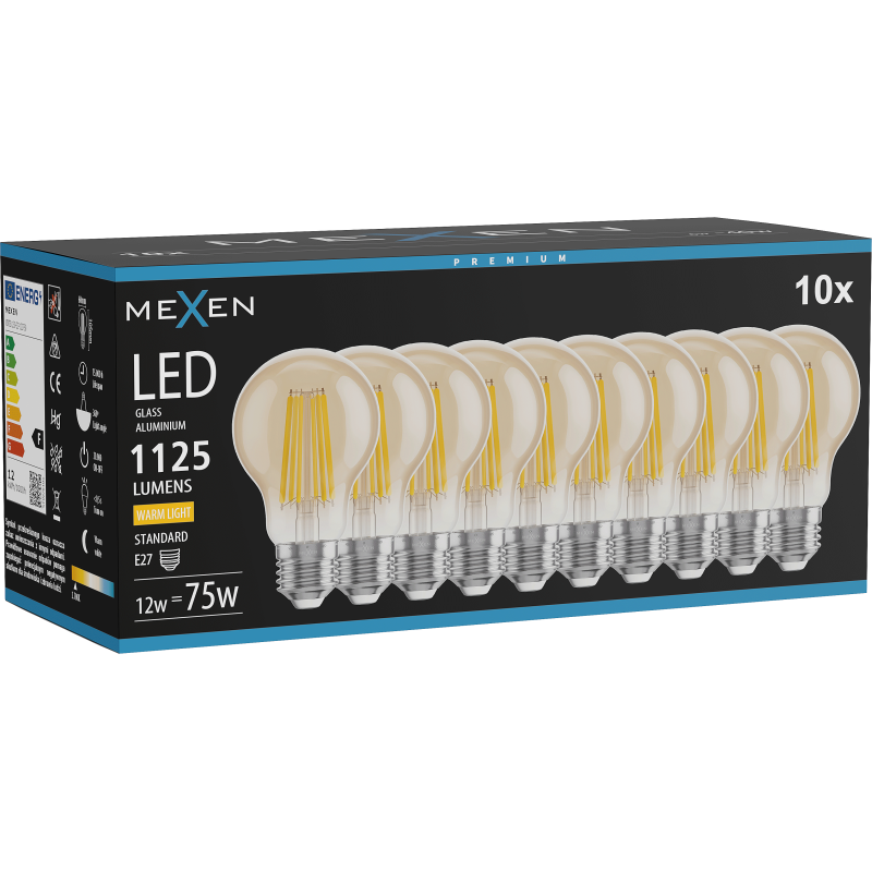 Mexen Vintis 10x LED Filament Bulb E27, A60, 12W, Warm - 2700K, 1125 lm, amber - L150-E27-1227-50x10
