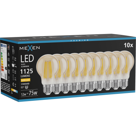 Mexen Vintis 10x LED Filament Bulb E27, A60, 12W, Warm - 2700K, 1125 lm, amber - L150-E27-1227-50x10