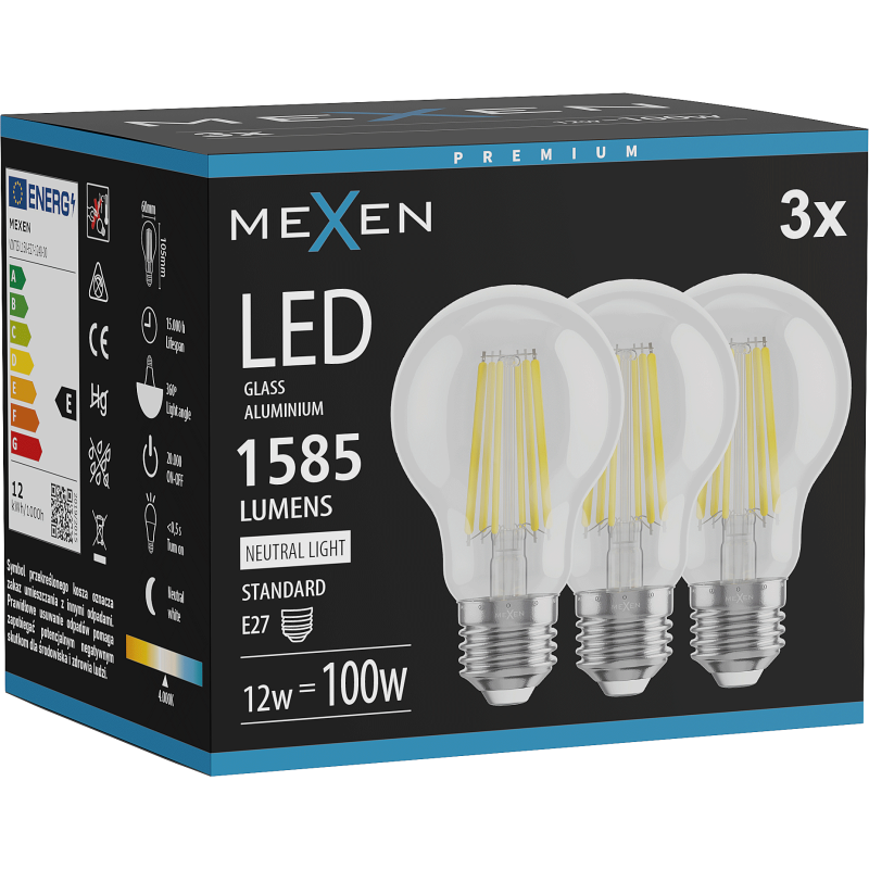 Mexen Vintis 3x LED Filament Bulb E27, A60, 12W, Neutral - 4000K, 1585 lm, clear - L150-E27-1240-00x03