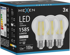 Mexen Vintis 3x LED Filament Bulb E27, A60, 12W, Neutral - 4000K, 1585 lm, clear - L150-E27-1240-00x03