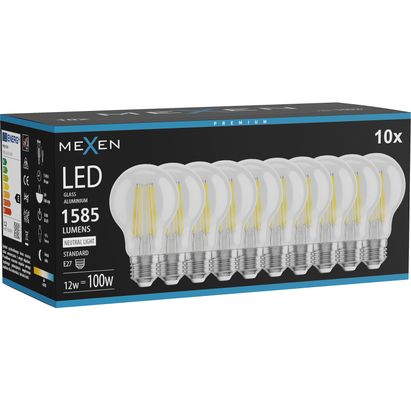 Mexen Vintis 10x LED Filament Bulb E27, A60, 12W, Neutral - 4000K, 1585 lm, clear - L150-E27-1240-00x10