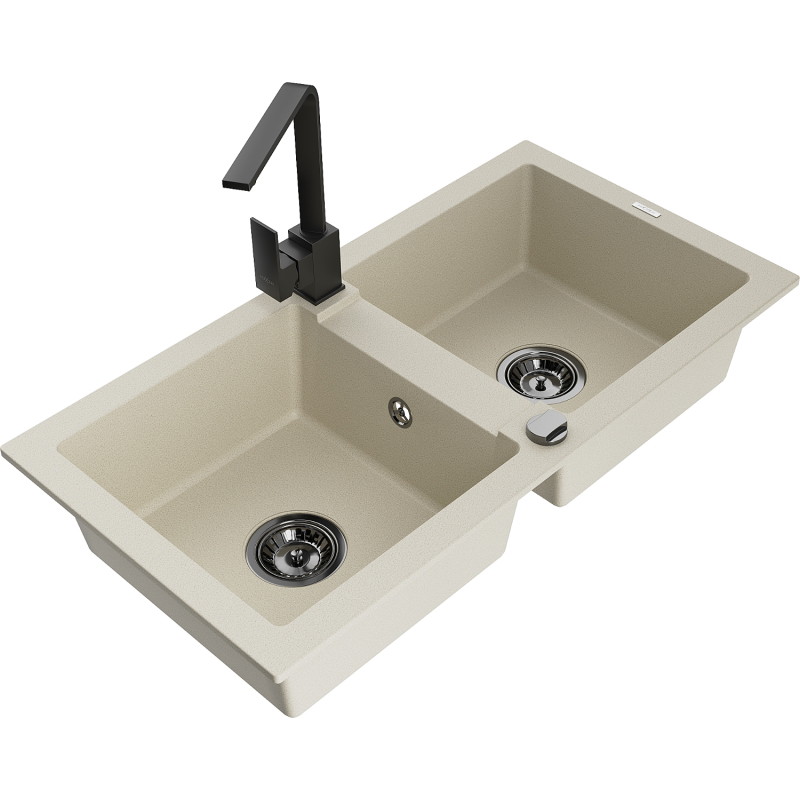 Mexen Mario granite double bowl sink with Rita kitchen faucet, beige - 6504-69-670300-70