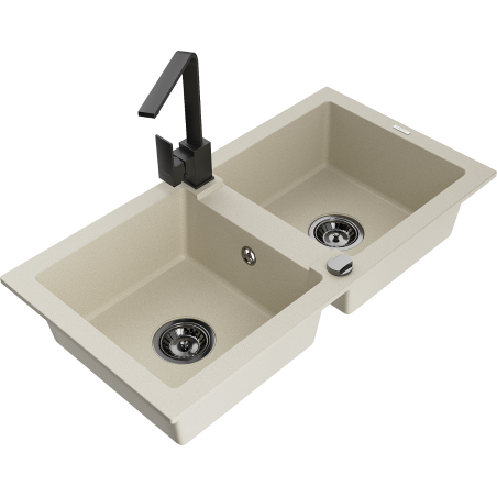 Mexen Mario 2-bowl granite sink with Rita kitchen faucet, beige - 6504-69-670300-70