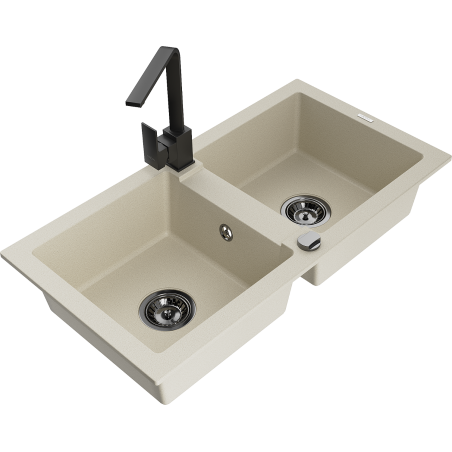 Mexen Mario granite kitchen sink 2-bowl with Rita kitchen tap, beige - 6504-69-670300-70
