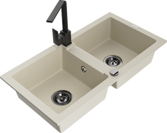 Mexen Mario granite kitchen sink 2-bowl with Rita kitchen tap, beige - 6504-69-670300-70