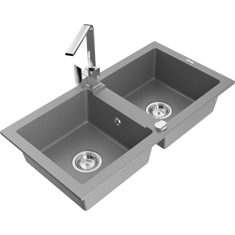 Mexen Mario Granite double bowl sink with Rita kitchen faucet, gray - 6504-71-670300-00