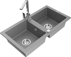 Mexen Mario granite double bowl kitchen sink with Rita kitchen faucet, gray - 6504-71-670300-00