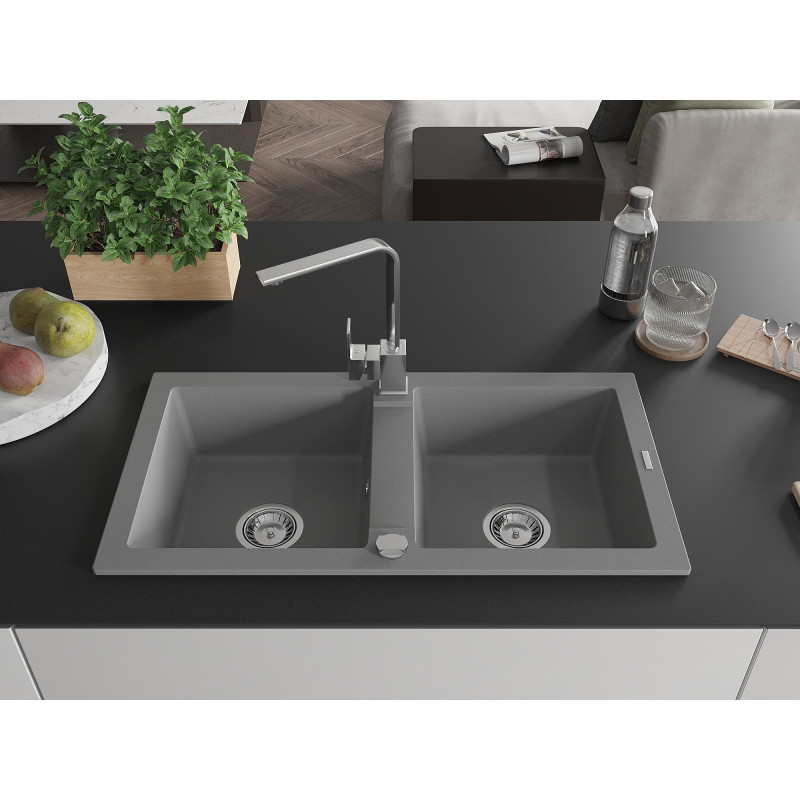 Mexen Mario granite double bowl kitchen sink with Rita kitchen faucet, gray - 6504-71-670300-00