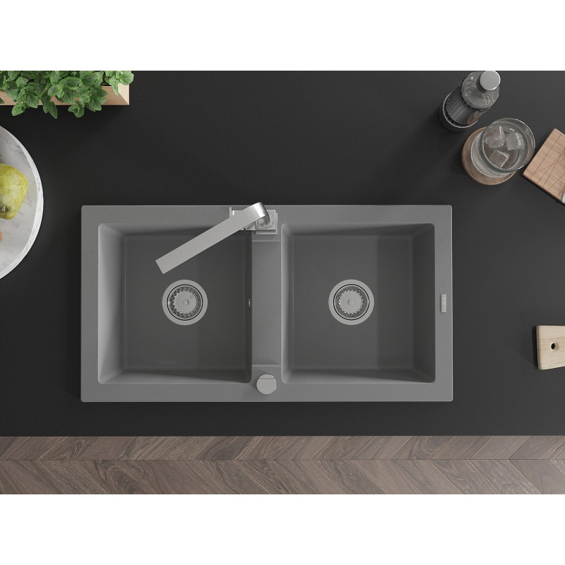 Mexen Mario Granite double bowl sink with Rita kitchen faucet, gray - 6504-71-670300-00
