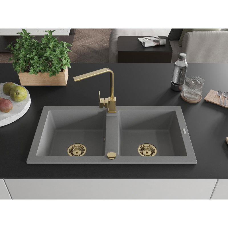 Mexen Mario granite double sink with Rita kitchen tap, grey - 6504-71-670300-50