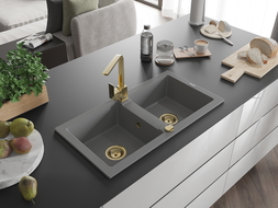 Mexen Mario 2-compartment granite sink with a kitchen mixer tap Rita, Grey - 6504-71-670300-50