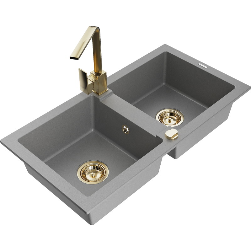 Mexen Mario 2-chamber granite kitchen sink with Rita faucet, gray - 6504-71-670300-50