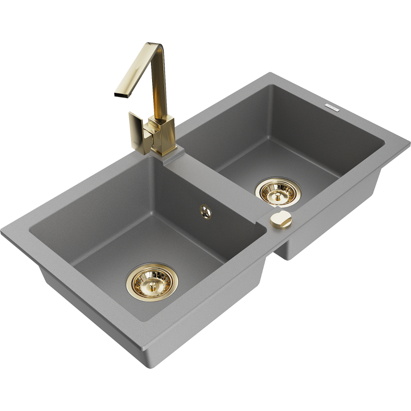 Mexen Mario 2-compartment granite sink with a kitchen mixer tap Rita, Grey - 6504-71-670300-50
