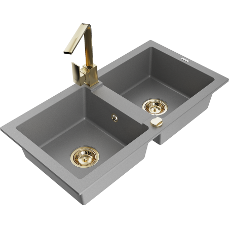 Mexen Mario 2-bowl granite sink with Rita kitchen faucet, gray - 6504-71-670300-50