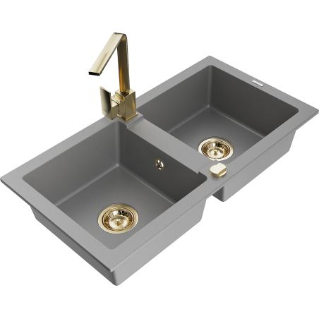 Mexen Mario 2-compartment granite sink with a kitchen mixer tap Rita, Grey - 6504-71-670300-50