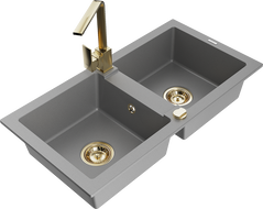 Mexen Mario 2-compartment granite sink with a kitchen mixer tap Rita, Grey - 6504-71-670300-50