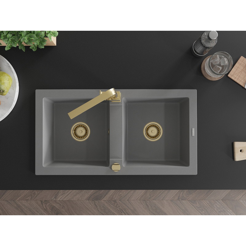 Mexen Mario 2-bowl granite sink with Rita kitchen faucet, gray - 6504-71-670300-50