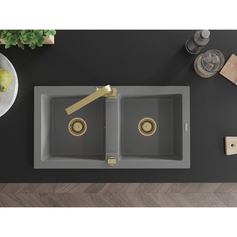 Mexen Mario granite double sink with Rita kitchen tap, grey - 6504-71-670300-50