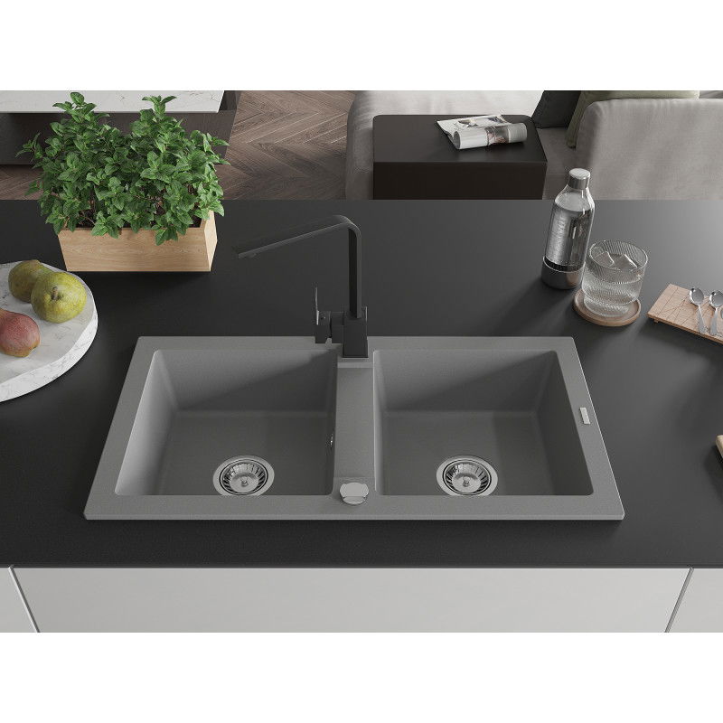 Mexen Mario granite sink 2-compartment with kitchen tap Rita, grey - 6504-71-670300-70