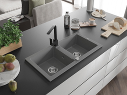 Mexen Mario granite double-bowl sink with Rita kitchen faucet, gray - 6504-71-670300-70