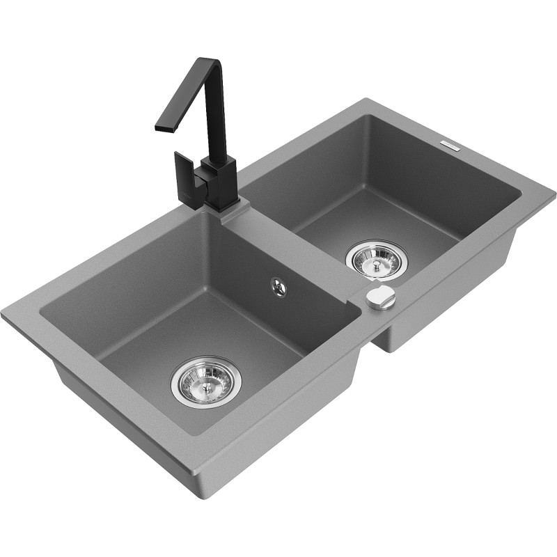 Mexen Mario granite double-bowl sink with Rita kitchen faucet, gray - 6504-71-670300-70