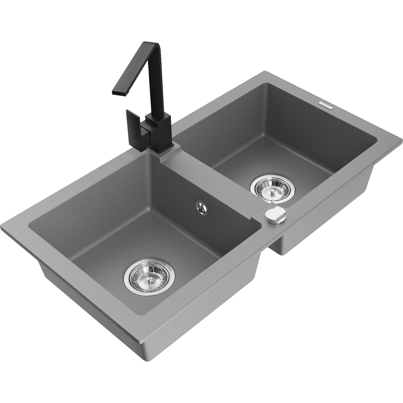 Mexen Mario granite sink 2-compartment with kitchen tap Rita, grey - 6504-71-670300-70