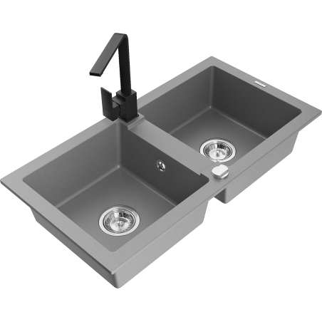 Mexen Mario granite double-bowl sink with Rita kitchen faucet, gray - 6504-71-670300-70