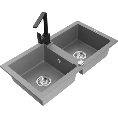 Mexen Mario granite sink 2-compartment with kitchen tap Rita, grey - 6504-71-670300-70