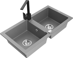 Mexen Mario granite double-bowl sink with Rita kitchen faucet, gray - 6504-71-670300-70