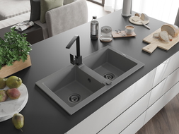 Mexen Mario 2-compartment granite sink with a kitchen mixer tap Rita, Grey - 6504-71-670300-70-B
