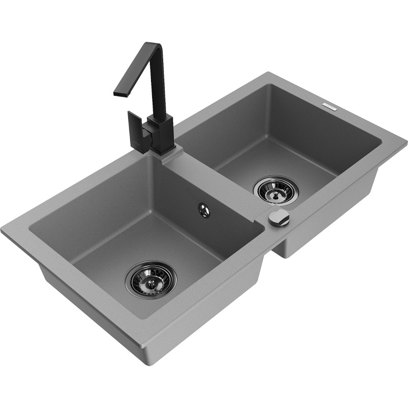 Mexen Mario 2-chamber granite sink with Rita kitchen faucet, gray - 6504-71-670300-70-B