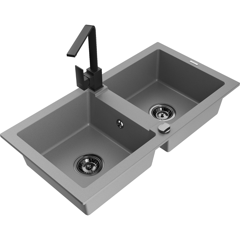 Mexen Mario granite 2-bowl sink with Rita kitchen tap, grey - 6504-71-670300-70-B