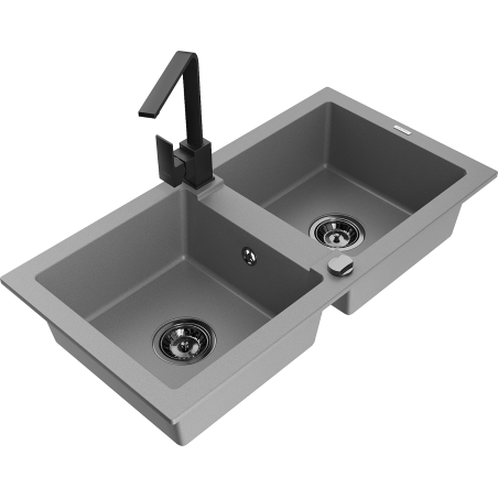 Mexen Mario 2-compartment granite sink with a kitchen mixer tap Rita, Grey - 6504-71-670300-70-B