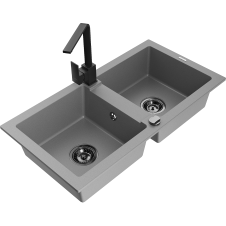 Mexen Mario granite 2-bowl sink with Rita kitchen tap, grey - 6504-71-670300-70-B