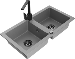 Mexen Mario granite 2-bowl sink with Rita kitchen tap, grey - 6504-71-670300-70-B