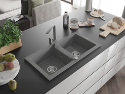 Mexen Mario 2-compartment granite sink with a kitchen mixer tap Rita, Grey - 6504-71-670300-71