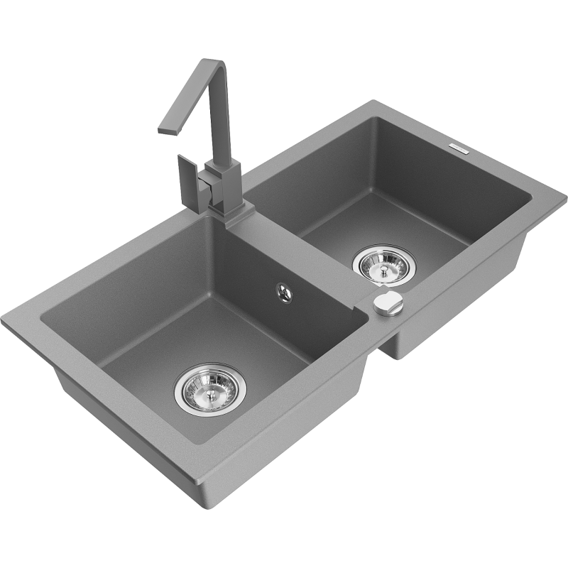 Mexen Mario 2-compartment granite sink with a kitchen mixer tap Rita, Grey - 6504-71-670300-71