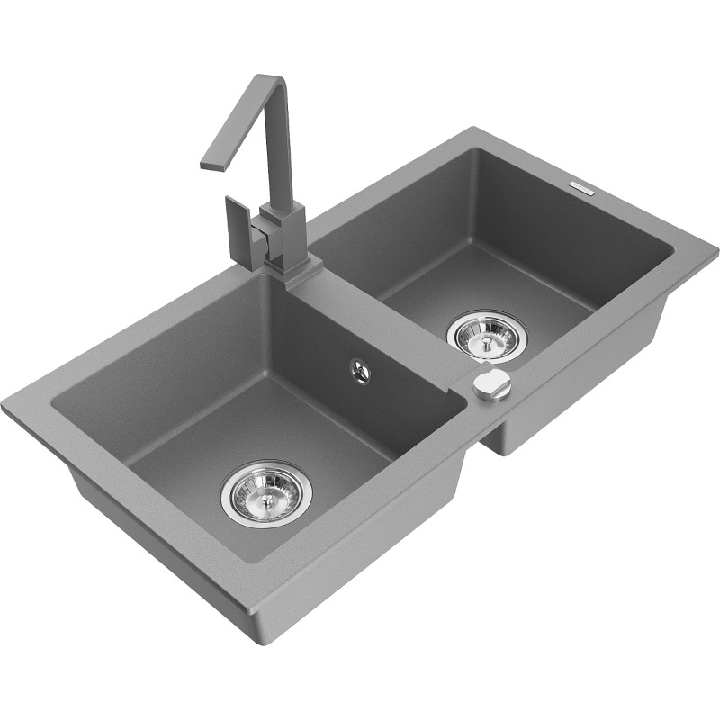 Mexen Mario granite 2-bowl sink with Rita kitchen faucet, gray - 6504-71-670300-71
