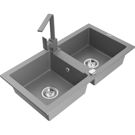 Mexen Mario granite double-bowl kitchen sink with Rita kitchen faucet, gray - 6504-71-670300-71