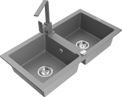 Mexen Mario 2-bowl granite sink with Rita kitchen tap, grey - 6504-71-670300-71