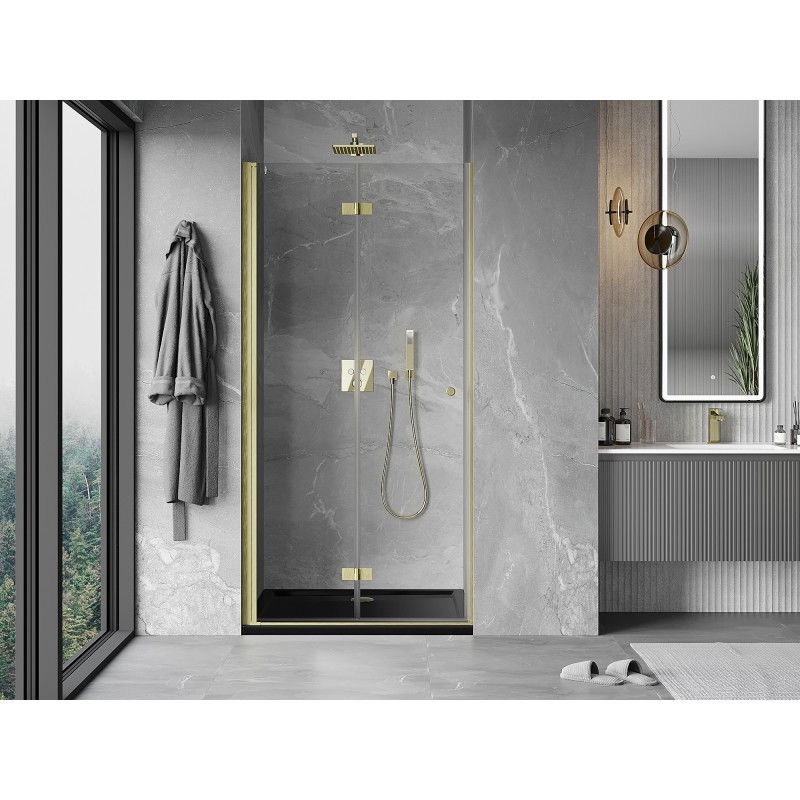 Mexen Mist-F foldable left shower door 100 cm, transparent, brushed gold - 8A6-100-000-55-00-L