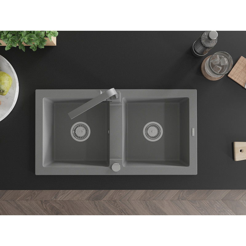 Mexen Mario 2-bowl granite sink with Rita kitchen tap, grey - 6504-71-670300-71