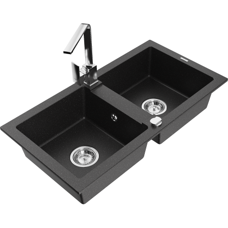 Mexen Mario granite kitchen sink 2-bowl with Rita kitchen faucet, black/silver metallic - 6504-73-670300-00