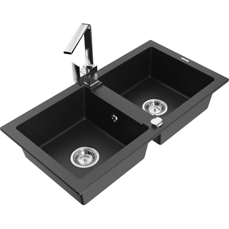 Mexen Mario granite sink, 2-bowl with Rita kitchen tap, black/silver metallic - 6504-73-670300-00