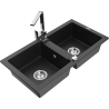 Mexen Mario granite sink, 2-bowl with Rita kitchen tap, black/silver metallic - 6504-73-670300-00