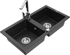 Mexen Mario granite sink, 2-bowl with Rita kitchen tap, black/silver metallic - 6504-73-670300-00