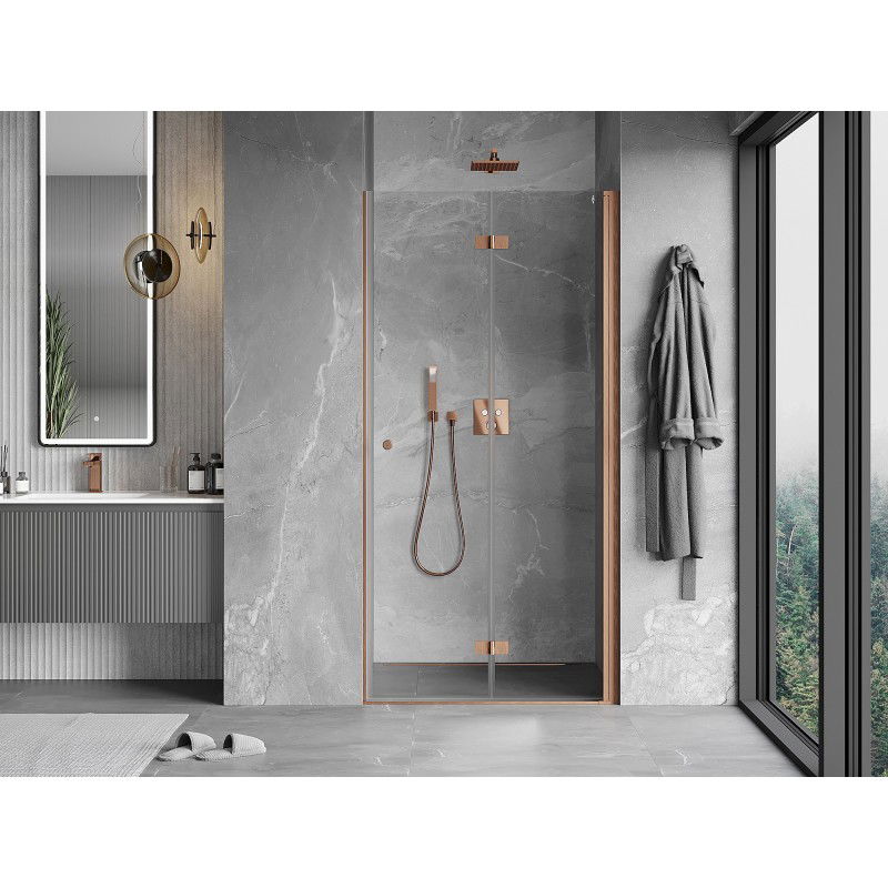 Mexen Mist-F 90 cm Right Folding Shower Door, Transparent, Brushed Copper - 8A6-090-000-65-00-P