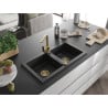 Mexen Mario 2-chamber granite sink with Rita kitchen faucet, black/silver metallic - 6504-73-670300-50